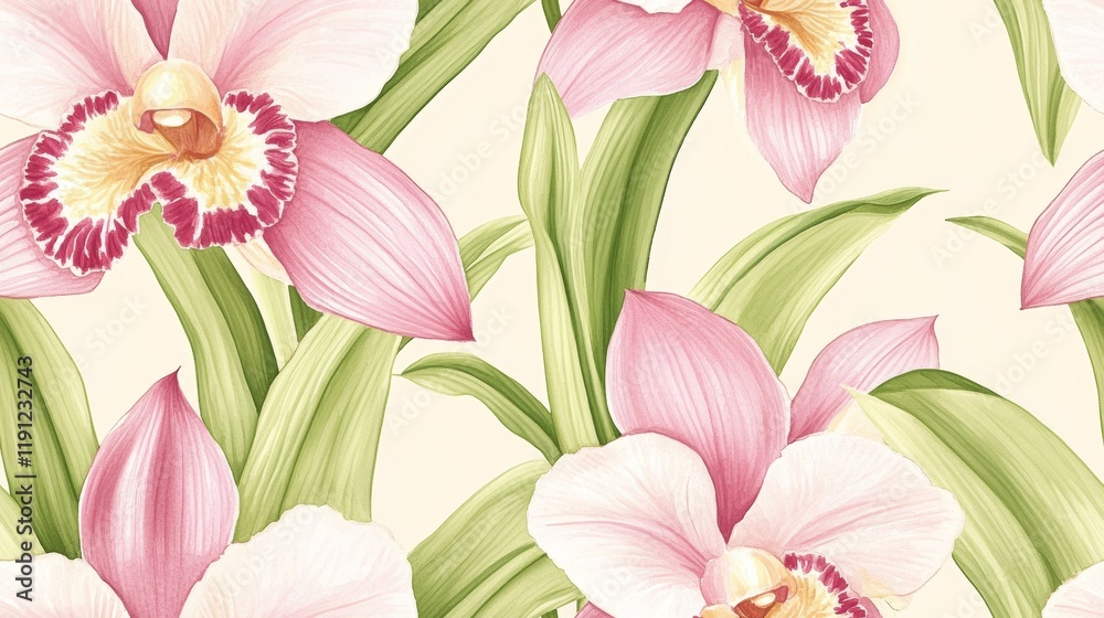 Naklejka premium Seamless Watercolor Orchid Flower Pattern on Soft Background