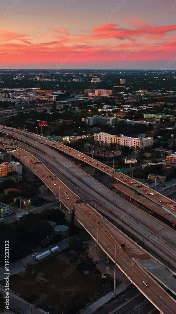 Amazing pink and blue sky above the cityscape. Beautiful panorama of Miami, Florida, USA at sunset from top. Vertical video Amazing pink and blue sky above the cityscape. Beautiful panorama of Miami, Florida, USA at sunset from top. Vertical video