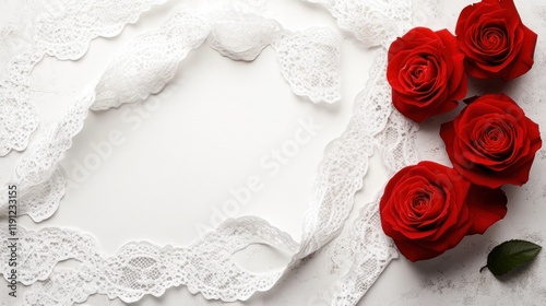 Red roses, lace frame, white background, wedding invitation