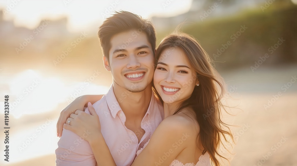Happy couple enjoying a sunset on the beach. Happy couple enjoying a sunset on the beach.