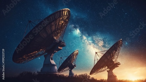 Milky Way over radio telescopes, night sky, astronomy research