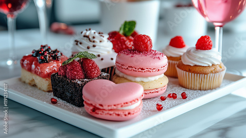 Delightful heart-shaped desserts with macarons, cupcakes, and raspberry toppings arranged on a modern platter