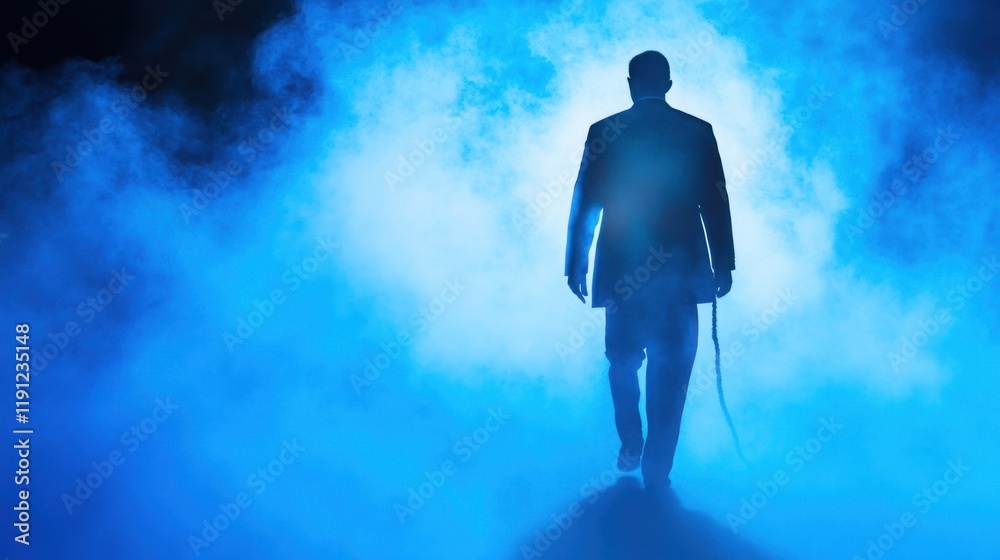 Mysterious Silhouette of a Man in a Suit Walking Through Blue Fog, Emphasizing Intrigue and Enigmatic Atmosphere in Visual Storytelling Mysterious Silhouette of a Man in a Suit Walking Through Blue Fog, Emphasizing Intrigue and Enigmatic Atmosphere in Visual Storytelling