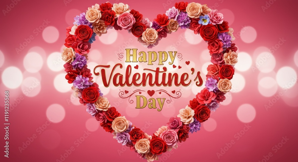 Obraz premium Heartfelt Valentine's Day: A vibrant heart-shaped arrangement of roses and carnations, conveying heartfelt wishes for Valentine's Day against a bokeh backdrop.