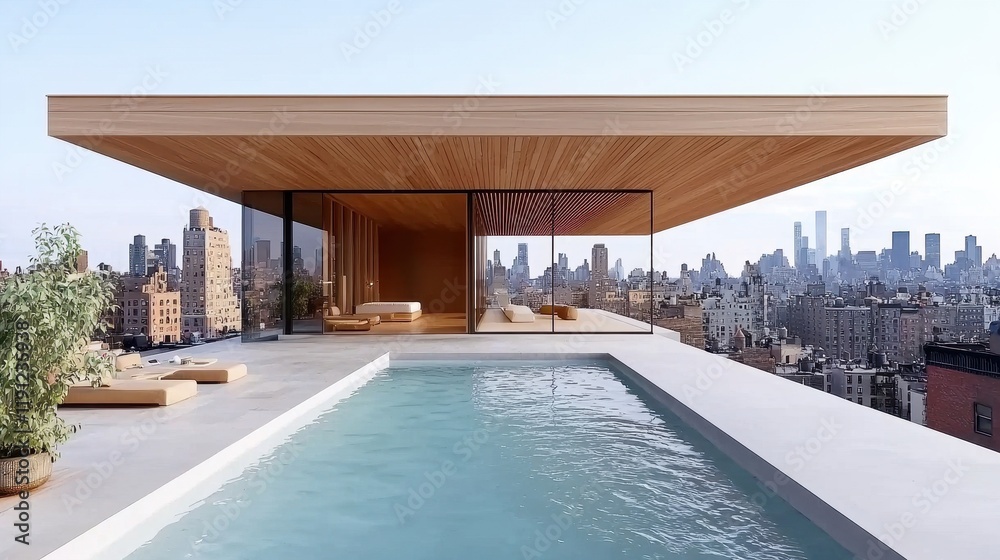 Fototapeta premium Modern rooftop house with wooden overhang and swimming pool overlooking city skyline