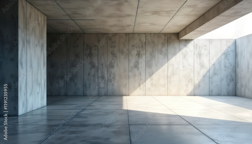 Obraz premium Empty modern concrete hallway. Light streams through high ceiling. Stylish geometric interior. Concrete floors and walls create futuristic abstract space. No people present.