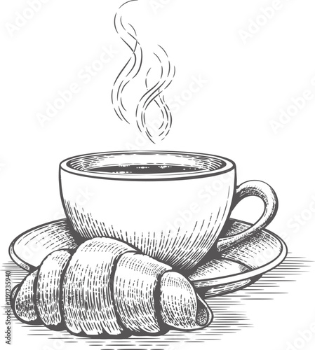 Croissant and coffee cup engraving