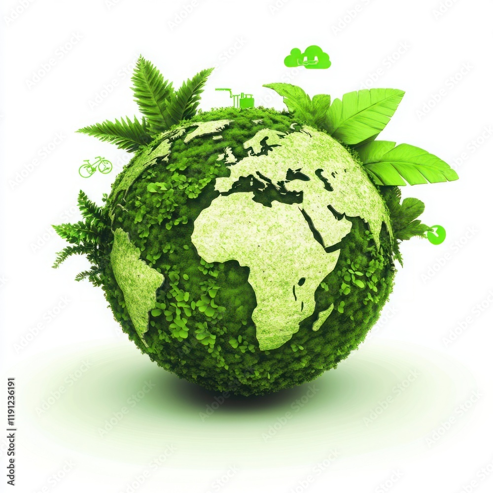Eco-Friendly Earth Concept Represented by a Green Globe Surrounded by Leaves, Ferns, and Sustainable Elements Symbolizing Nature and Environmental Awareness Eco-Friendly Earth Concept Represented by a Green Globe Surrounded by Leaves, Ferns, and Sustainable Elements Symbolizing Nature and Environmental Awareness