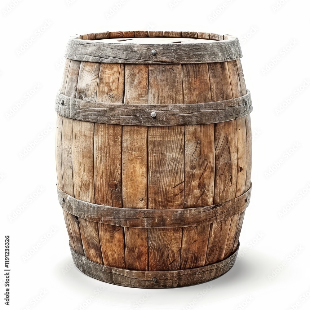 Fototapeta premium Classic aesthetic display of vintage wooden barrels in 3d visualization on a white background