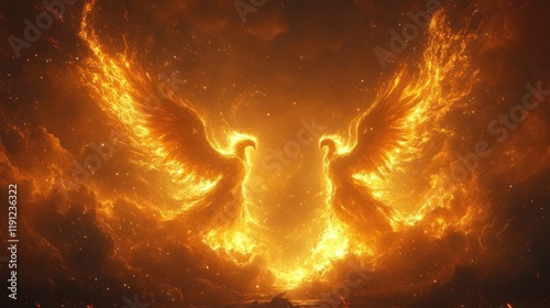 Two fiery phoenix birds rising from flames. photo