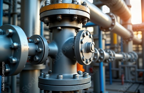 Close-up view of industrial metal equipment. Steel pipes, flanges interconnected with valves, fittings. Industrial plant machinery components. Metal structure, tubes. Production facility pipeline