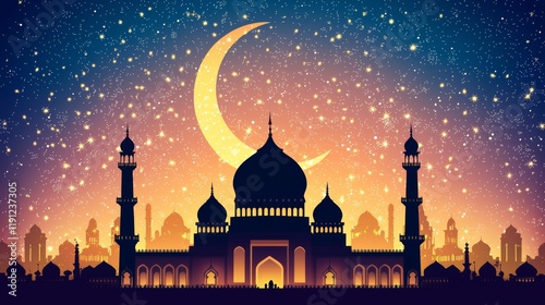 Wallpaper Mural Glowing Crescent Moon Over Mosque Silhouette with Worshippers Below Torontodigital.ca