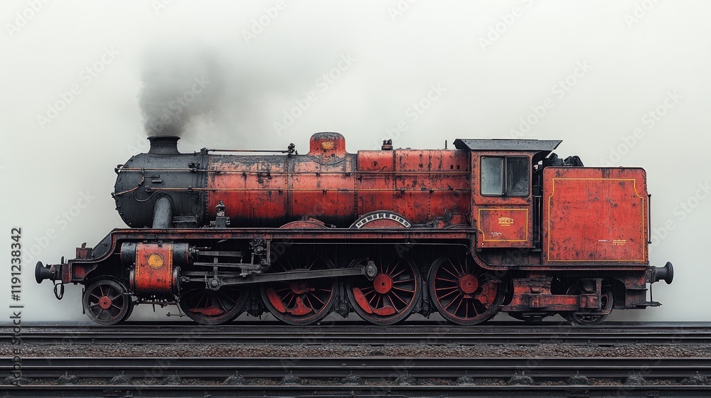 Naklejka premium Red vintage steam locomotive emitting smoke.