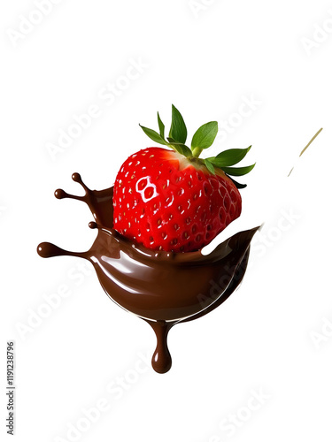 delicious fresh strawberry falling into chocolate or milk splash on air