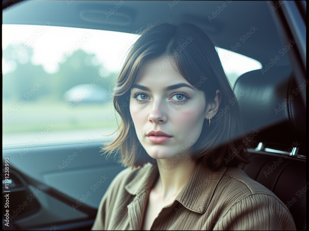 Pensive Young Woman with Brown Hair Sitting in Car Window View Pensive Young Woman with Brown Hair Sitting in Car Window View
