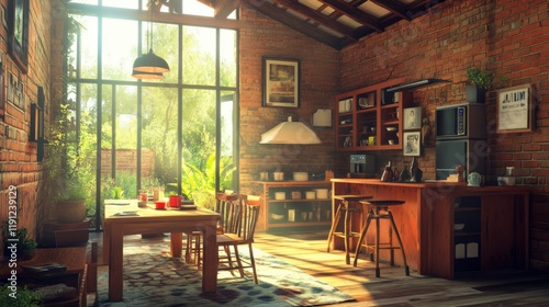 Sunlit Rustic Kitchen with Garden View and Wooden Furnishings