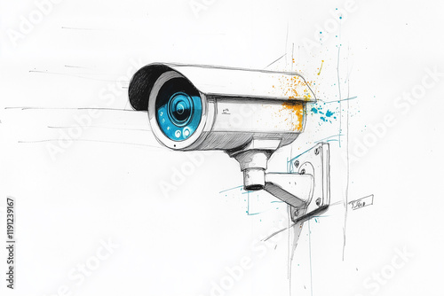 Simple drawing of a security camera mounted on a wall, showcasing its design and features in a minimalist style