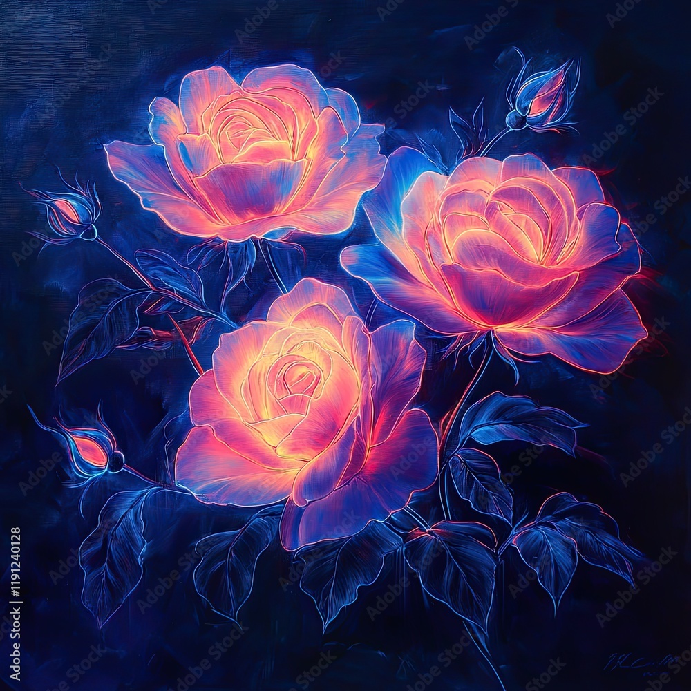 Stunning digital artwork of glowing neon roses with intricate petals and leaves, illuminated against a rich dark blue background.
Stunning digital artwork of glowing neon roses with intricate petals and leaves, illuminated against a rich dark blue background.