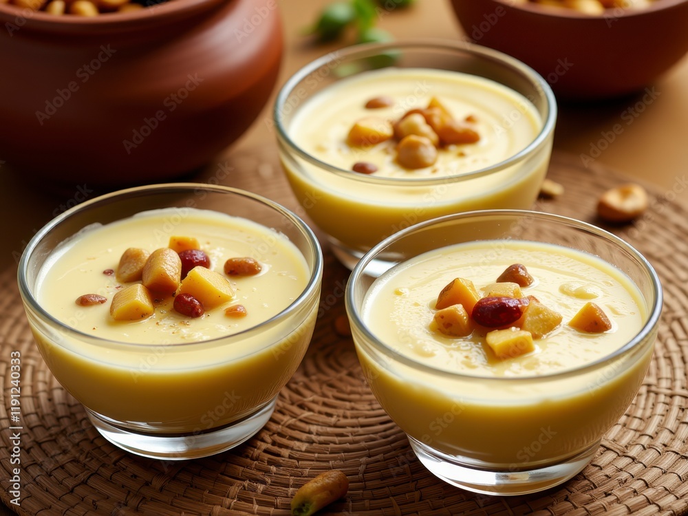 Creamy Yellow Dessert with Nuts and Candied Fruits in Glass Bowls Creamy Yellow Dessert with Nuts and Candied Fruits in Glass Bowls
