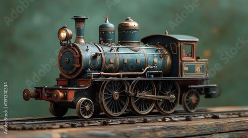 Antique model train, meticulously detailed, rests on wood.
