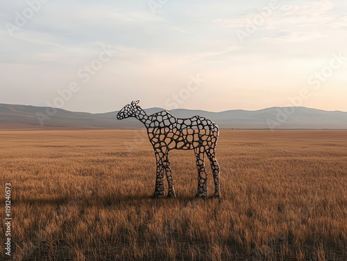 Melting wildlife sculptures placed across dry grasslands, disappearing biodiversity, conceptual imagery photo