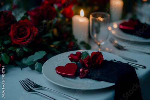 alentine's Day Table Setting with Red Roses, Candles, and Heart-Shaped Napkins on the Fork photo