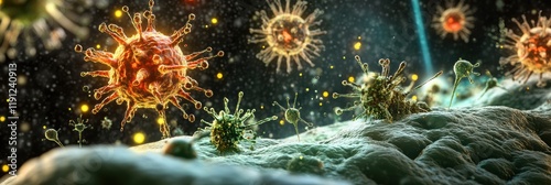 Viruses invading cells and replicating in a microscopic view during a biological interaction. Generative AI photo
