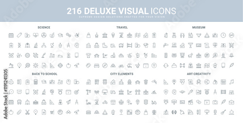 Art project and creativity, school and education, urban elements, science line icon set. History exhibits in museum, gallery, travel and vacation thin black outline symbols vector illustration