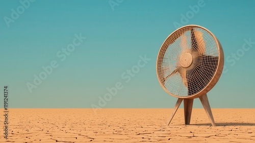 Wornout fan spinning in a desert, futile human attempt against heat, symbolic climate impact