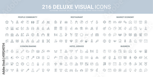 Market economy and finance charts, hotel and restaurant, cooking and baking tools, community line icon set. Business portfolio, assets and income growing thin black outline symbols vector illustration