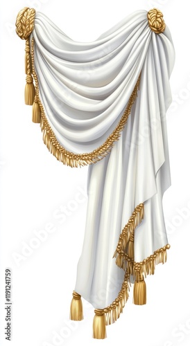 Elegant white draped curtain, gold trim, isolated, stage backdrop, design element