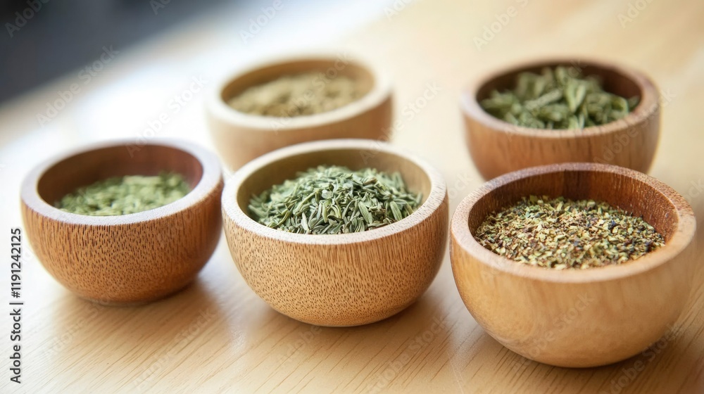 Dried Herbs in Small Wooden Bowls on a Table Dried Herbs in Small Wooden Bowls on a Table