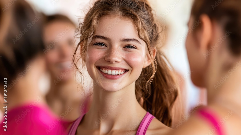 Fototapeta premium Smiling Young Woman in Pink Activewear at Fitness Class Setting