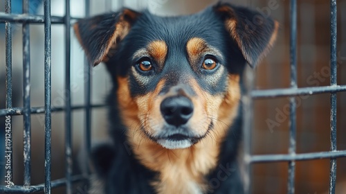 Sad-eyed dog in shelter cage, looking directly at camera. photo