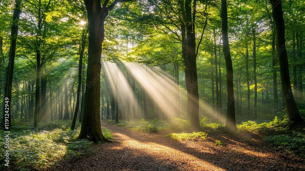 Fototapeta premium Sunbeams illuminate a forest path among tall trees
