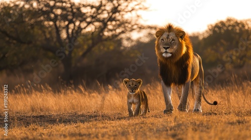 African savanna sunset Male lion, cub walking, grassland, wildlife documentary photo