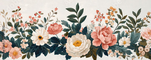 beautiful floral mural with vibrant peonies, daisies, and lush greenery
