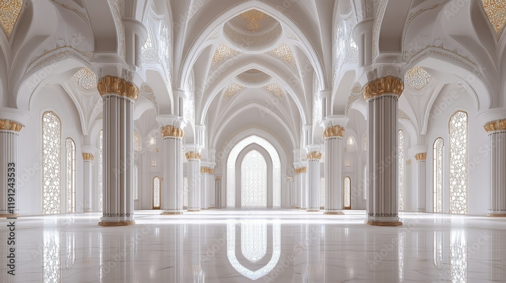 Fototapeta premium Golden White Luxury Mosque Interior with Columns and Sunlit Windows