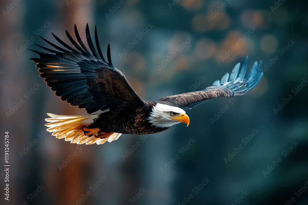 Bald eagle soars gracefully through the clear sky above lush forests during golden hour Bald eagle soars gracefully through the clear sky above lush forests during golden hour