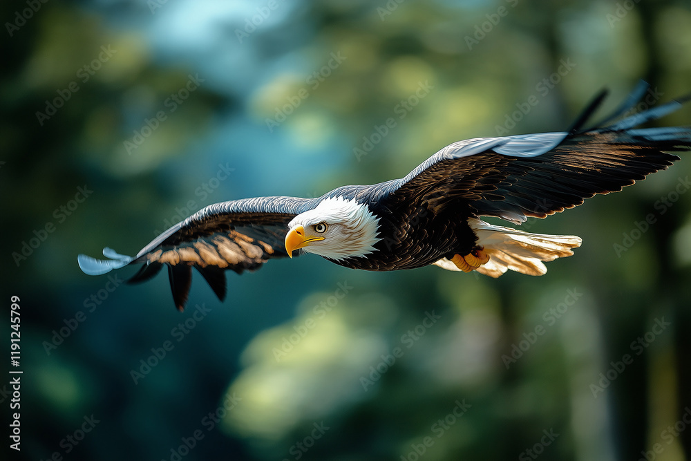 Fototapeta premium Bald eagle gracefully soars through a bright blue sky against a backdrop of lush green trees