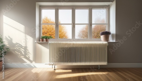 Generated image A minimalist room interior featuring a heating radiator, symbolizing onset of cold season