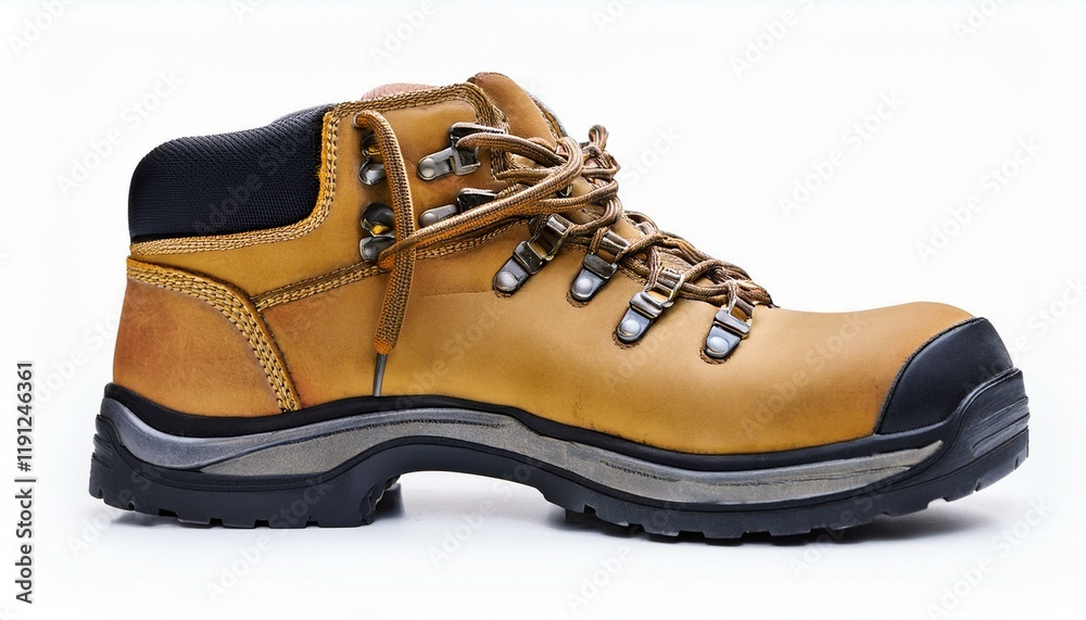 Tan leather work boot with black accents. Tan leather work boot with black accents.