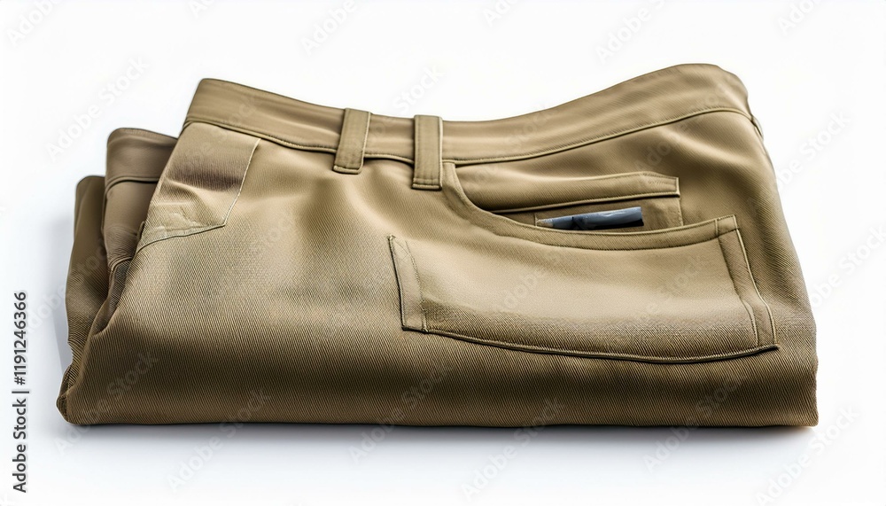 Khaki pants folded neatly on a white background. Khaki pants folded neatly on a white background.
