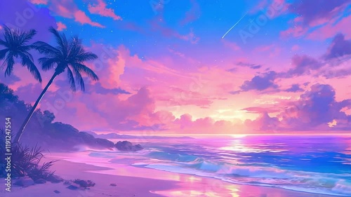 Stunning Animated Tropical Beach Sunset with Palm Trees