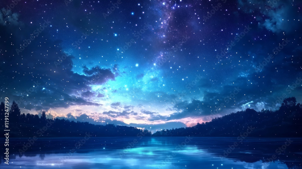 Fototapeta premium Night sky, stars, lake reflection, forest, serene landscape, nature background, fantasy art