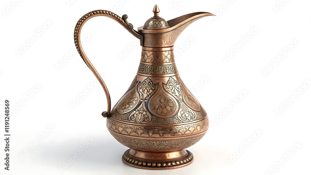 Copper jug with a traditional Arabic ornaments on a white background
Copper jug with a traditional Arabic ornaments on a white background