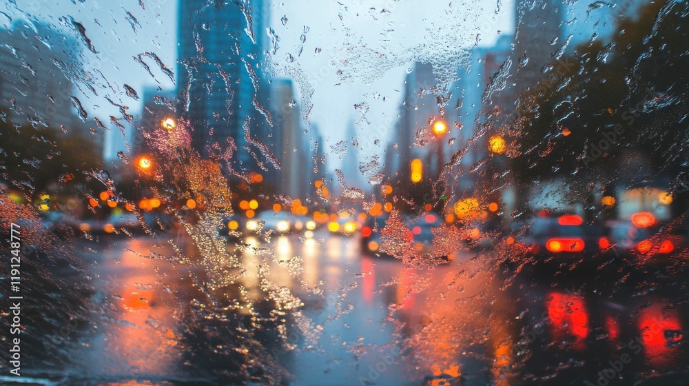 Fototapeta premium Rain Streaked Cityscape Viewed Through Car Window
