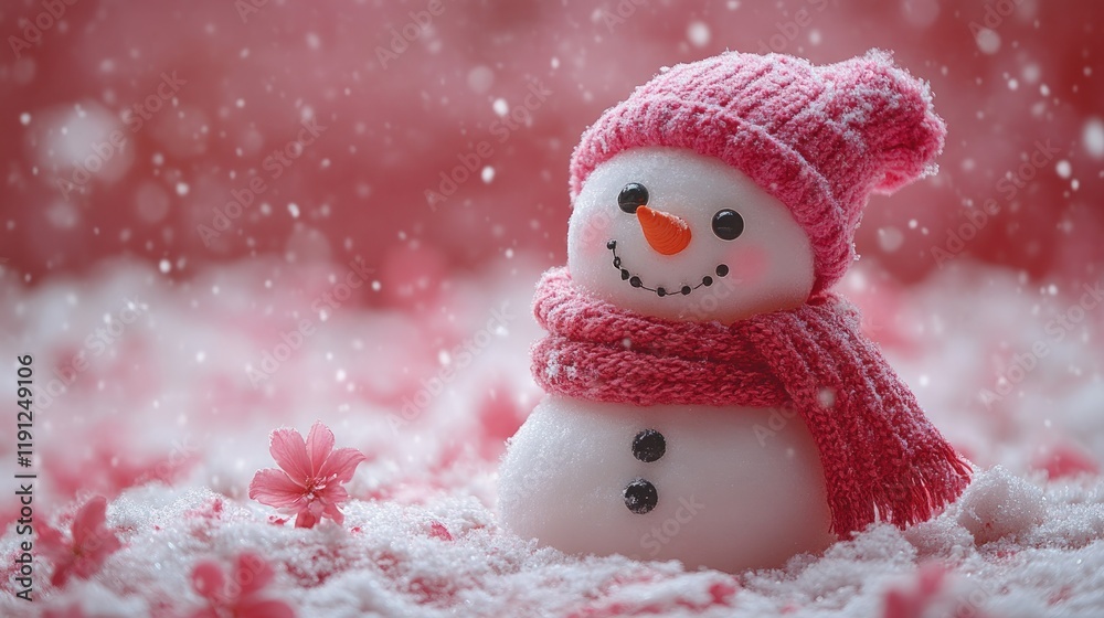 Pink snowman, snowy scene, pink flowers. Pink snowman, snowy scene, pink flowers.