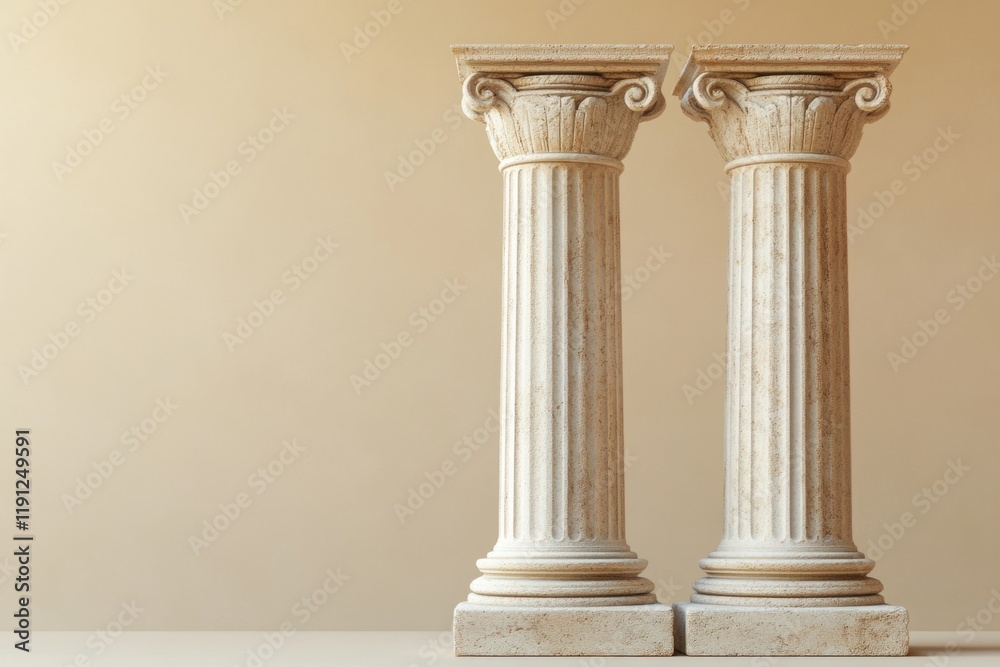 Fototapeta premium Two ornate greek columns stand proudly against a neutral backdrop, representing classical architecture and historical significance
