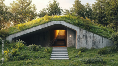 entrance to a modern concrete bomb shelter, military building, hideout photo